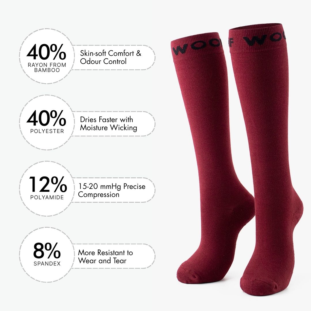 Infographic showing material percentages beside solid maroon knee-high compression socks.